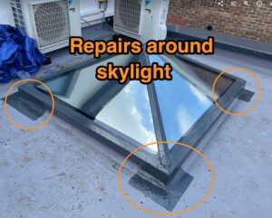 Flat roof repair using liquid this is around a skylight